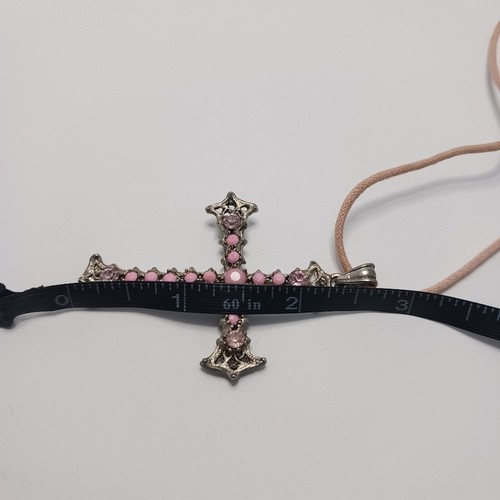 Womens Cross Necklace Pink Cord Goth Y2K Rhinestones Jewelry Faith - Picture 7 of 7