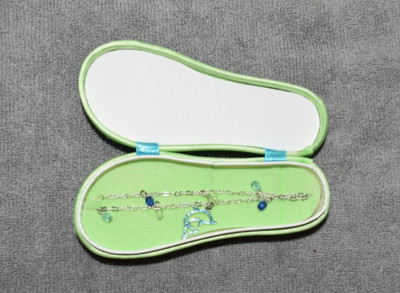 Avon Silver Anklet in A Green Flip Flop Box Green Dolphin Multi Colored Stones