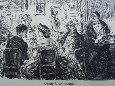 DINER A LA RUSSE & SALMON SUPPER Original 1862 Victorian Print