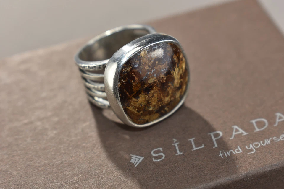 Anillo SILPADA 925 Plata Esterlina Piedra Broncita Talla 7 Manchas Oro Marrón R1738 Foto 2 de 4