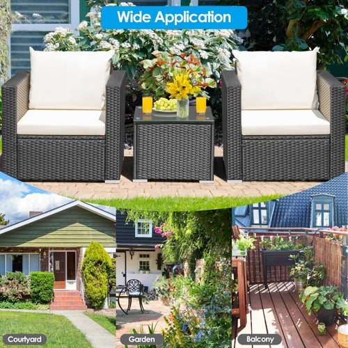 3PCS Patio Outdoor Furniture Conversation Sofa Set Rattan Wicker w/Coffee Table - Picture 9 of 12