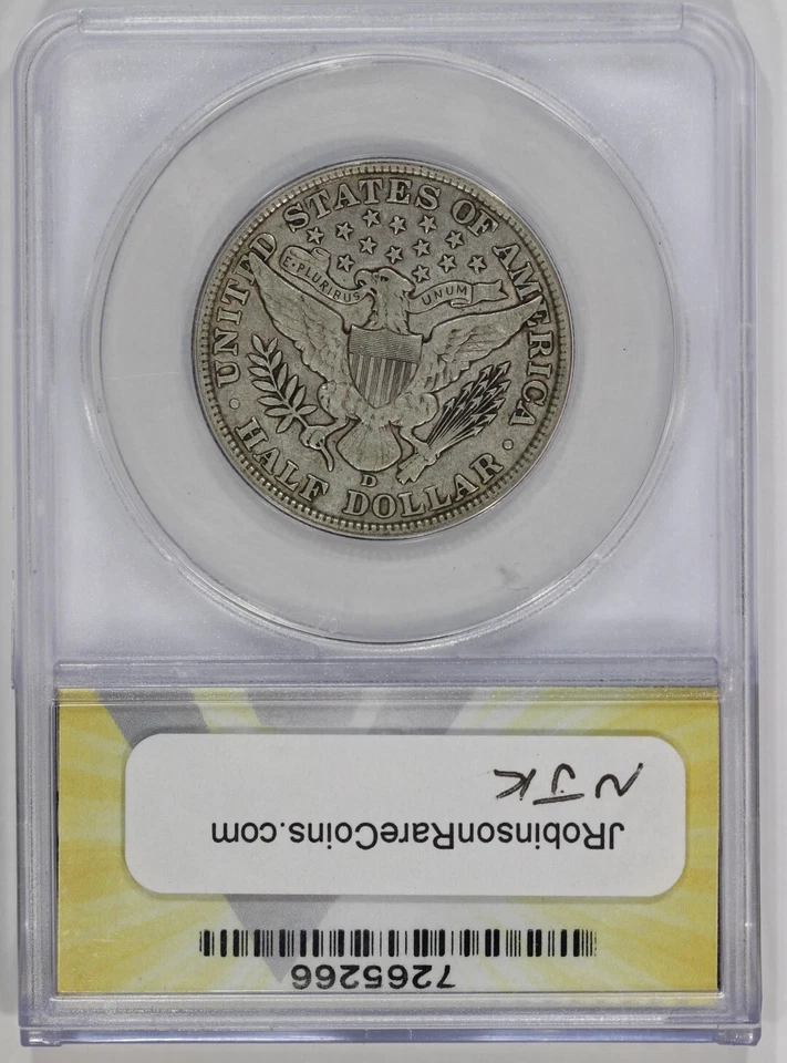 1907-D 50c Silver Barber Half Dollar ANACS VF20 - Image 3 of 4