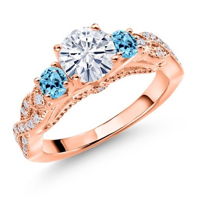 18K Rose Gold Plated Silver White Moissanite and Swiss Blue Topaz Engagement