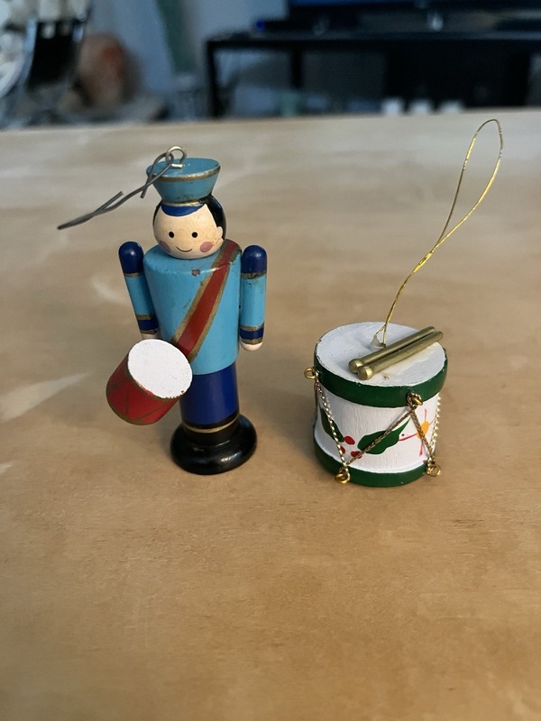 Vintage Wooden Christmas ornaments Toy Solider Drummer & Painted Drum Handcrafte