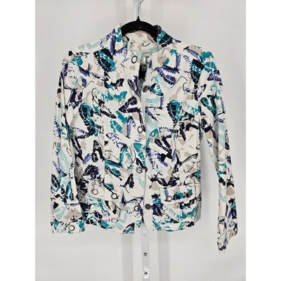 Christopher & Banks Womens Sz PS Petite Lightweight Jacket Blue Green Abstract