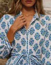 Pink City Prints Jenny Vintage Buta Mix Blue Floral Print Dress Cotton Size L