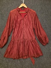 Lulus Dress Womens Small Red Satin Button Front Ruffle Hem Long Sleeve
