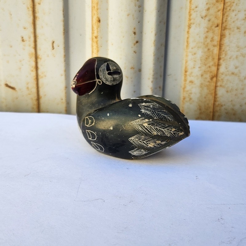 Vintage Hand Carved Stone Soapstone Duck Bird Figure Signed J R Oktollik Folk