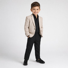 Boys Beige Blazer Black Shirt  Trousers Formal Suit Set Wedding Party