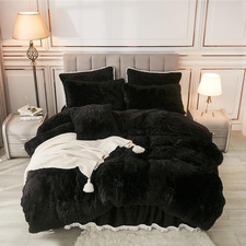 Luxurious Black Faux Fur Duvet Cover Set, Queen, 3 Pieces with Zipper Closure
