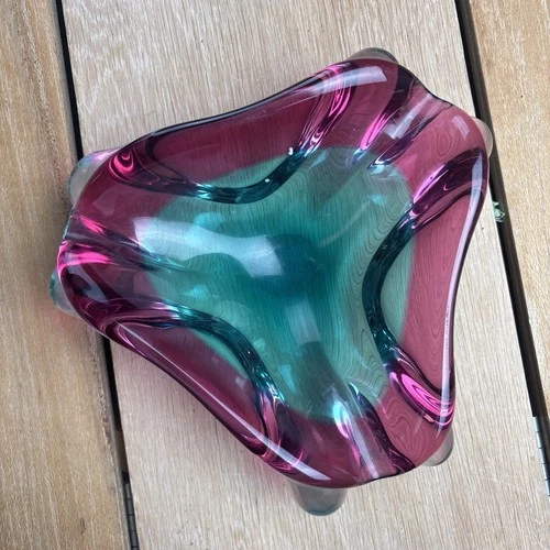 Vintage Italian Murano Studio Art Glass Dish Bowl Pink Blue Sommerso MCM Mod