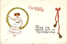 1915 Christmas Postcard Holly Wreath Woman Bells Uncle Horace Message NJ