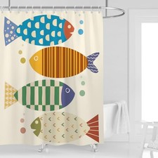 Fish Shower Curtain 60''W x 72''L Beach Cute Kids Boys Geometric Retro Fun