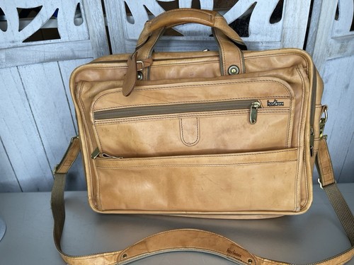 Hartmann Leather Briefcase Carry On Messenger Shoulder Bag Tan w/ Strap