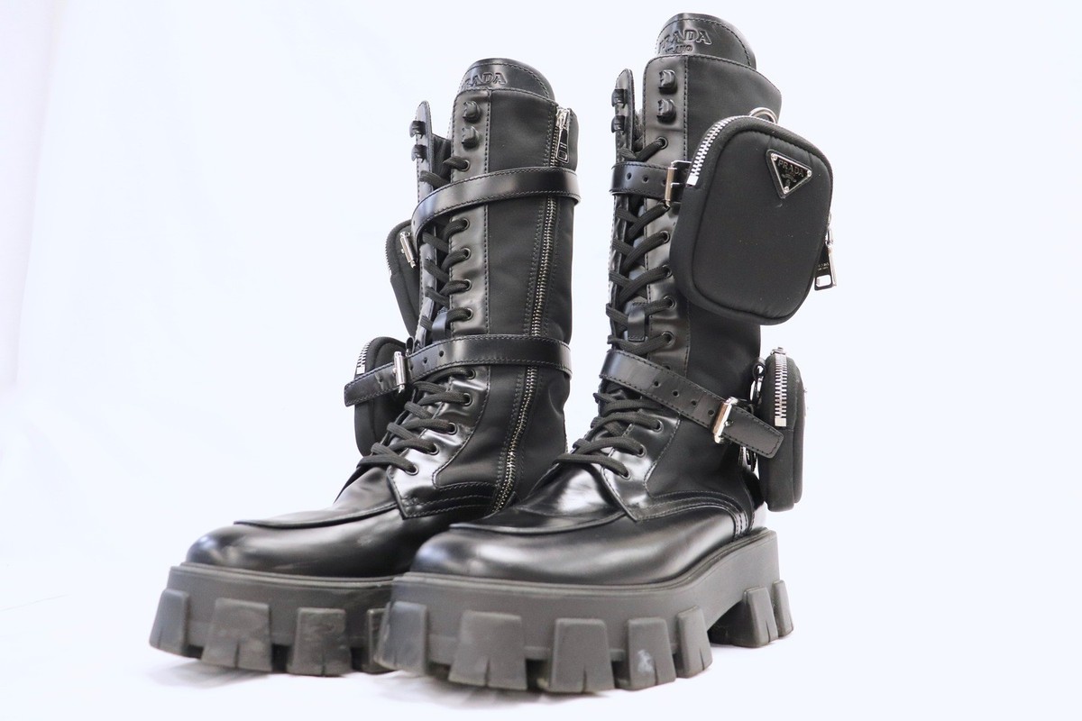 PRADA Monolith Dual Pouch Tall Combat Boots Black Leather EU 39