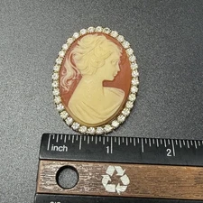 Vintage Victorian Revival Cameo Rhinestone Framed Oval Brooch Pin