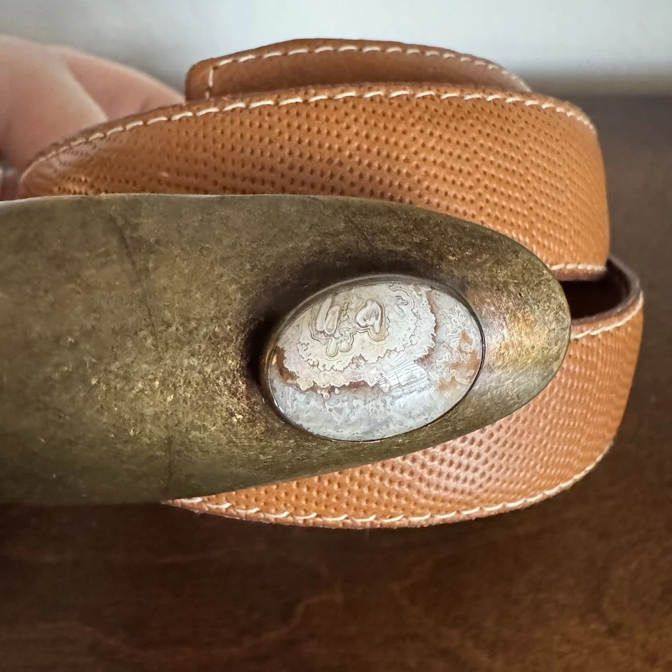 Cinturón de cuero marrón hebilla de piedra de latón para mujer talla M mediano Italia Fibbia de colección Foto 2 de 4
