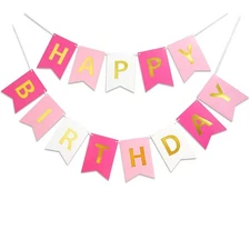 13 Pcs Party Banner, Pink Happy Birthday Sign, Pink