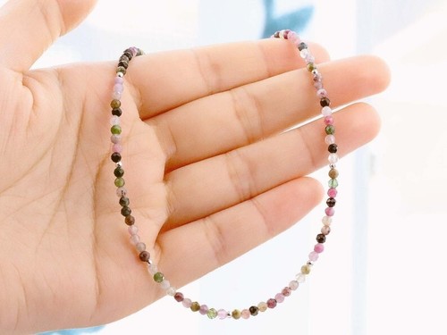 Handgefertigter Schmuck 2-3 mm Multi Turmalin Facettiert Runde Edelstein Perlen Halskette 18 Zoll - Bild 6 von 14
