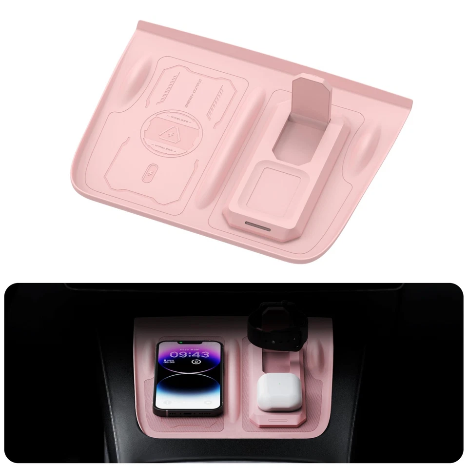 Alfombrilla de silicona de carga inalámbrica Fannasi 3 en 1 para Tesla modelo 3/Y (2021-2023)-rosa Foto 2 de 4