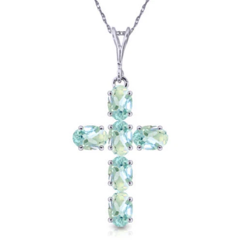 Genuine Aquamarine Gemstones Cross Pendant Necklace 14K White Gold 1.50 ct