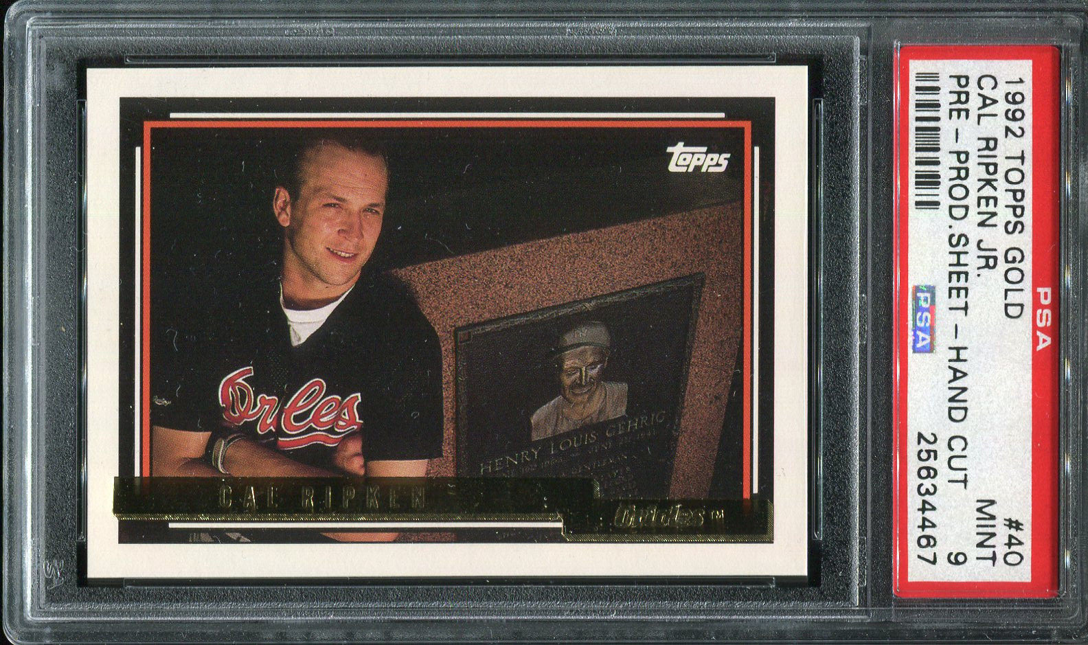 1992 Topps Gold Pre Production Sheet #40 Cal Ripken Jr. PSA 9 Baltimore Hand Cut
