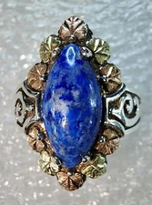 Black Hills Sterling Denim Lapis Ring W/12k Gold Tri-Color Leaves Coleman Size 9