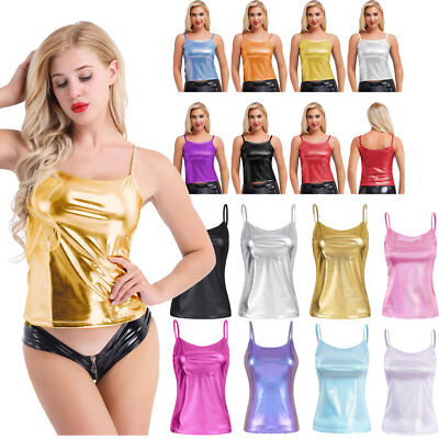 Damen Shiny Metallic Spaghetti Straps Cami Tank Top Rave Holographic Dance Top