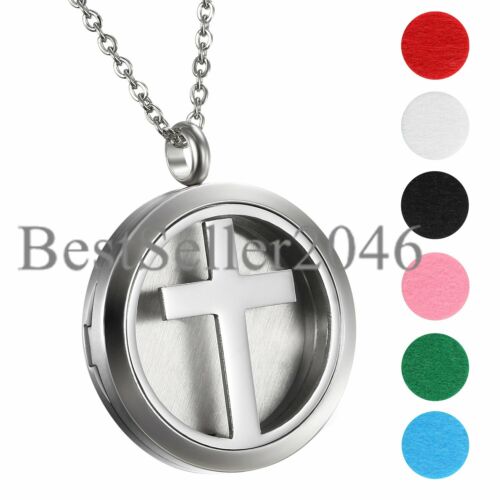 Cross Essential Oil Diffuser Perfume Locket Necklace Stainless Steel Pendant 18" - Picture 1 of 8