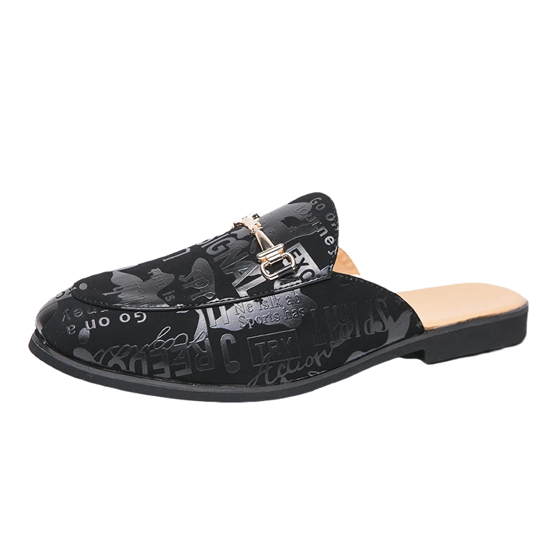 Hombres Moda Cuero Sin Espalda Sin Cordones Mula Oro Hebilla Mocasines Zapatos Transpirables Foto 2 de 4