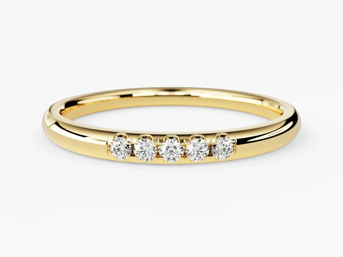 0.05CT Round Cut Lab Grown Diamond Wedding Band for Women 14k Solid Yellow Gold