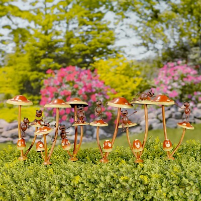 Friendly Frogs on Iron Mushroom Garden Stakes - Set of 6
