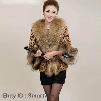 Women Faux Collar Fur Coat Leopard printed Outwear Loose Parka Outdoor Jacket