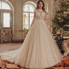 Elegant Sleeveless Wedding Dresses A-line High Neck Applique Tulle Pleat Gowns