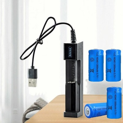 4x 1300mAh Wiederaufladbar 16340 Akku CR123A RCR123A+Li-Ion Batterien Ladegerät