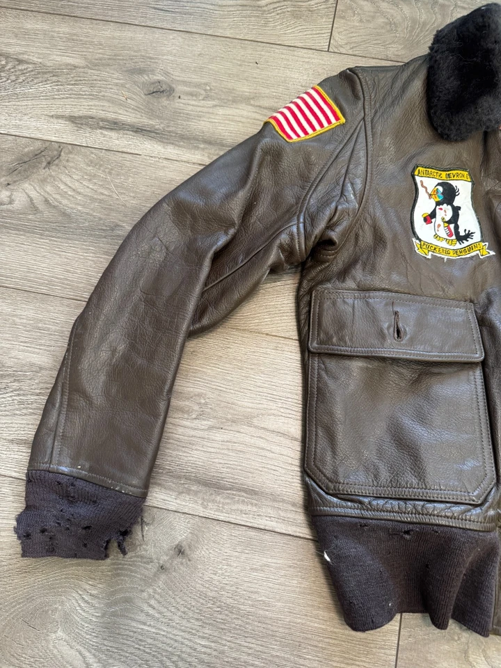USN Puckered Penguins DEVRON 6 G-1 BOMBER FLIGHT JACKET INTERMEDIATE TYPE Sz 42 - Image 2 of 4