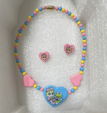 Unisex Kids Multicolor Beaded Heart Necklace Stud Earrings Jewelry Set