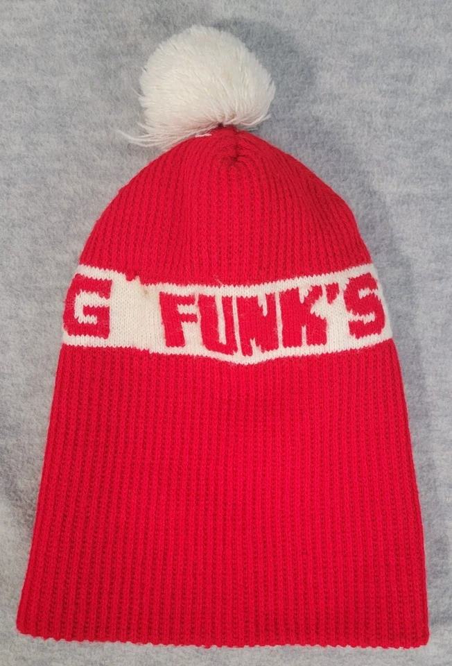 Boné de inverno vintage década de 1970 funk's G ski malha gorro meia chapéu vermelho/branco pompon - Imagem 4 de 4