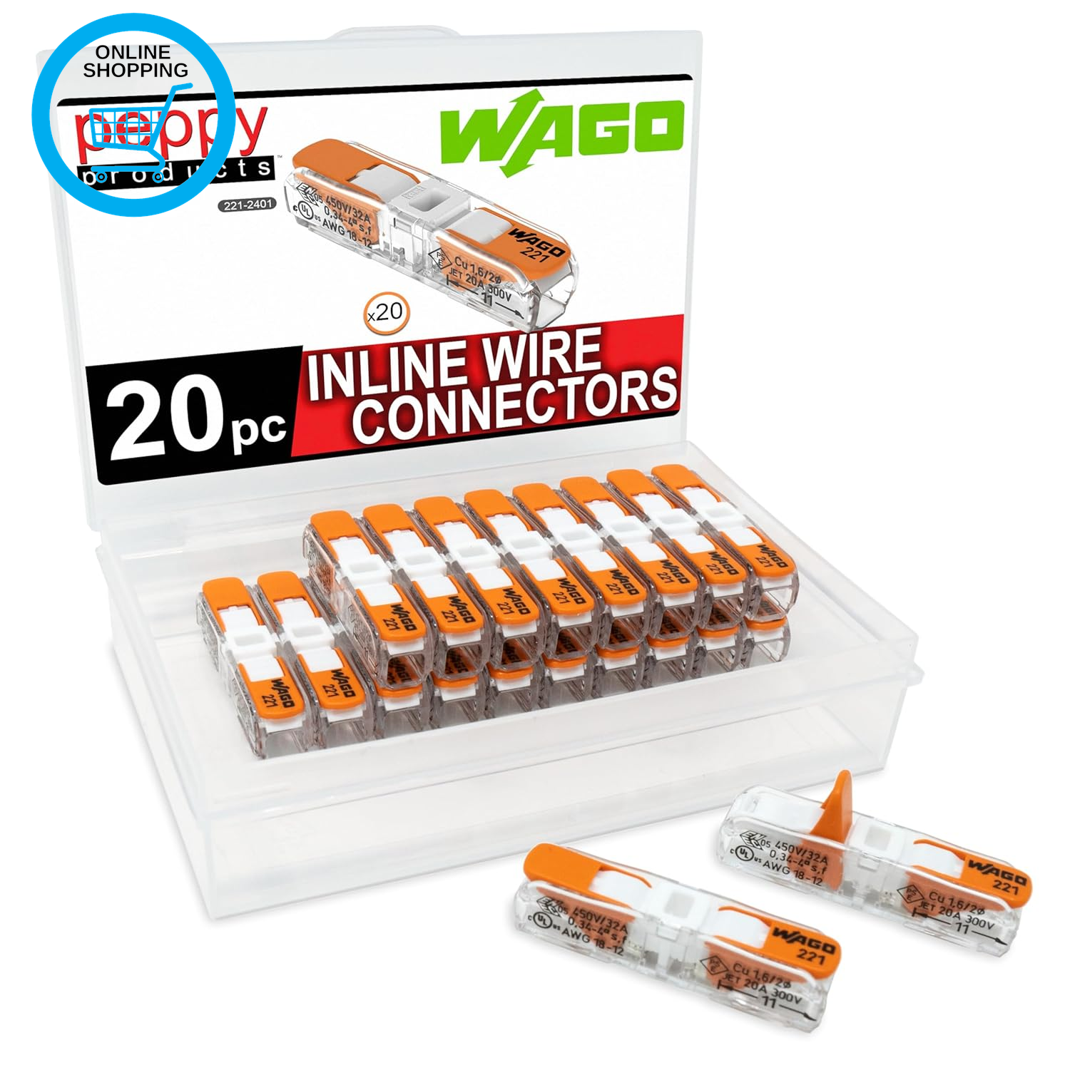 WAGO 221-2401 Lever Nuts Compact Splicing Inline Wire Connectors with Case | 20P