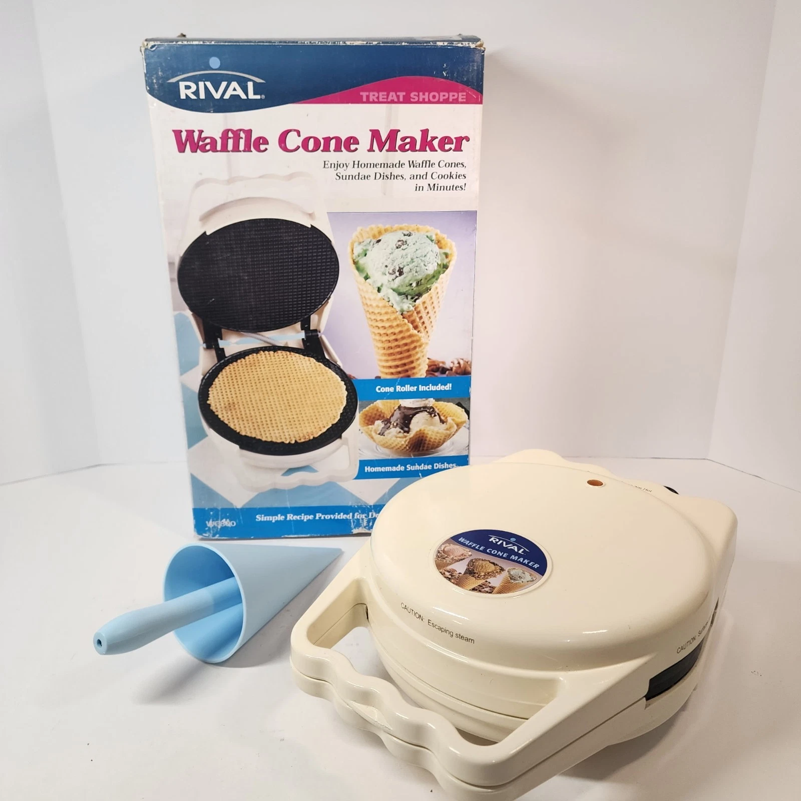 Vintage Rival Waffle Cone Maker WC800 Pizzelle Iron w Roller Box Tested