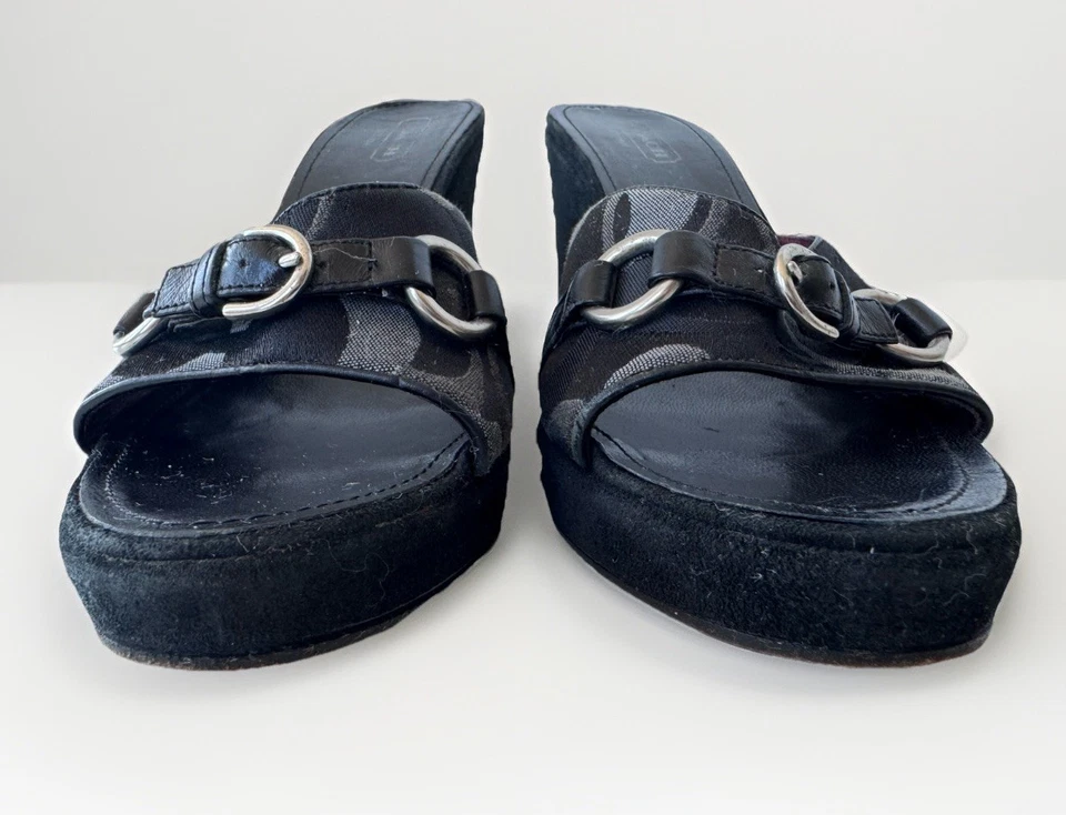 Vintage 90s Y2K COACH Chrissie Velour Wedge Platform Heels Sandals Monogram 9 - Image 4 of 4