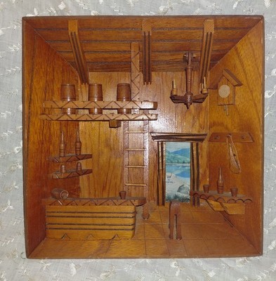 Vintage 3D Hand Carved Wood Tavern Lodge Scene Wall Art  10.75''