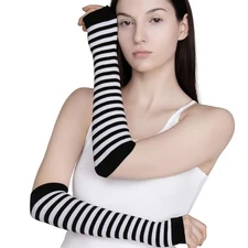 1 Pair Striped Arm Warmers, Black and White Punk Goth Arm Sleeves Long 
