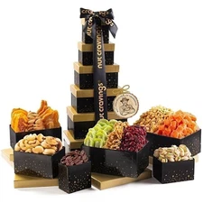 Nut Cravings Snack Gift Tower – 12 Piece Assortment & Fruits, Black Ribbon Box