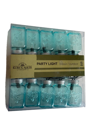 Kurt Adler UL4314B UL 10-Light Blue Mason Jar Mini Light Set Indoor Outdoor NEW!