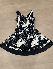 Ninewest Black White Floral Sleeveless A-Line Dress Striped Hem Knee Length