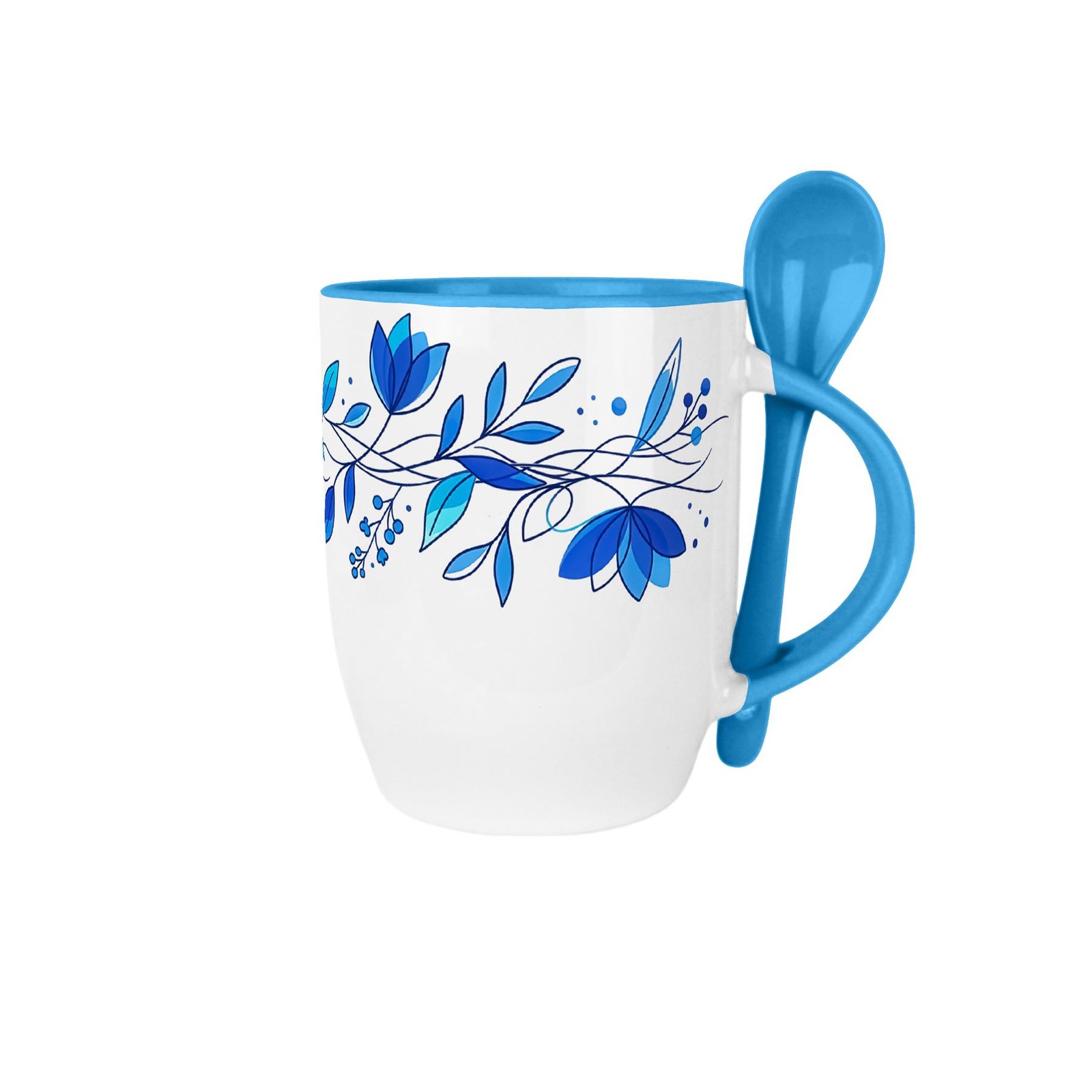 Blue Petals Mug & Spoon Set - 300ml Light Blue Ceramic Tea/Coffee Cup Gift