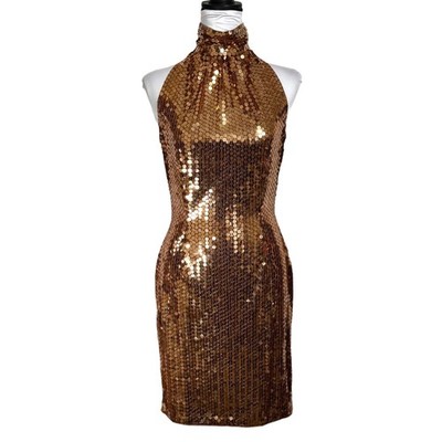 Vintage Lillie Rubin Gold Sequin Halter Dress Sz M Mock Neck Cutout Disco Glam