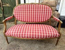 Red & White Checked Fabric 2-Seater Sofa, Gold Carved Wood Frame, 120cm