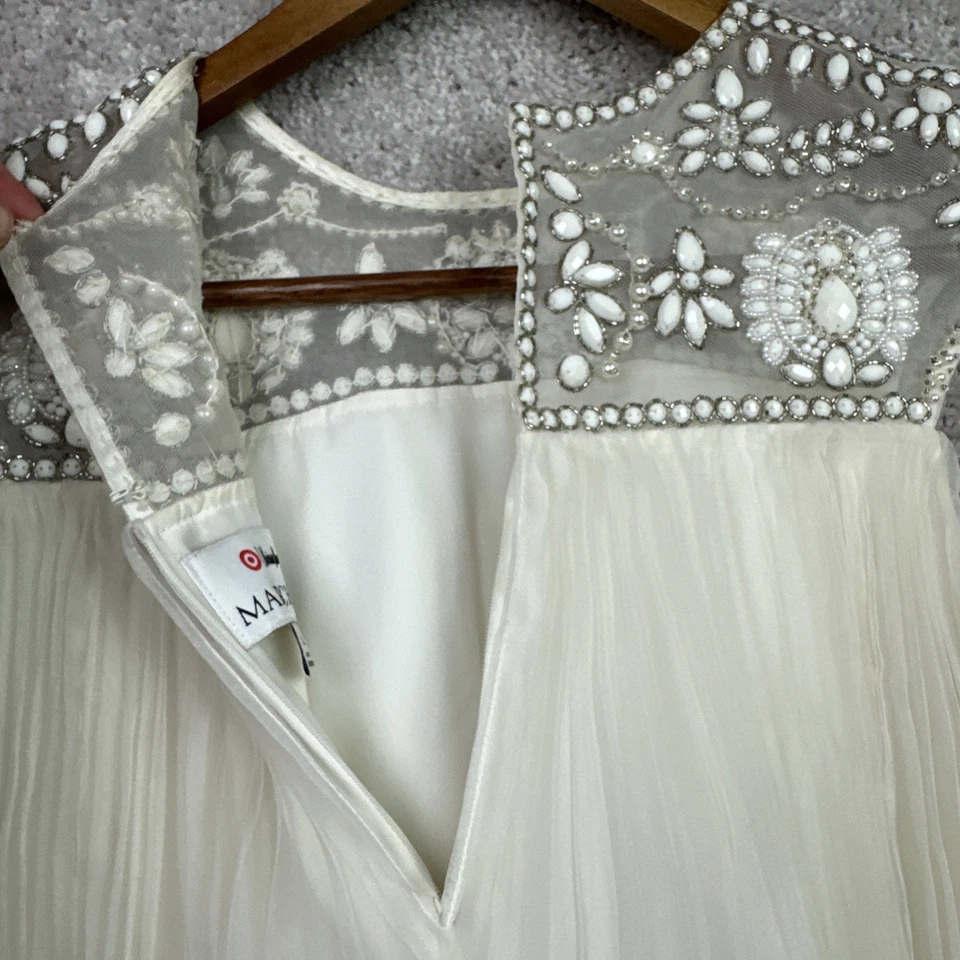 Vestido Neiman Marcus X Marchesa Blanco Crema Cuentas Plisado Flor Niña Grande Foto 4 de 4